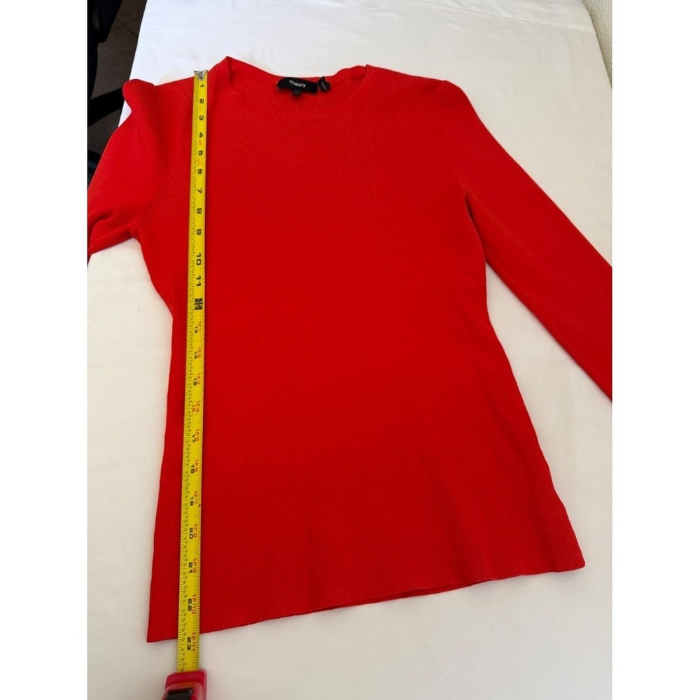 Theoryβ Womens Red Ribbed Knit Long Sleeve Crewneck Fitted Sweater Top L - Picture 11 of 16